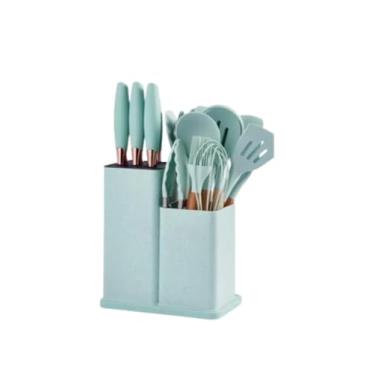 Imagem de Jogo de Cozinha Kit com 19/12 Peças de Silicone, Utensílios e Copo Suporte para Cozinha Cabo de Madeira(Kit 19 Pecas Utensilios-verde)