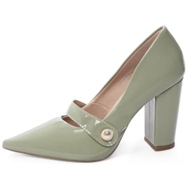 Imagem de EMILY ONLINE, Sapato Scarpin Salto Alto Grosso Bico Fino Tira Feminino 9cm (Verde, BR, Adulto, Numérico, 34)