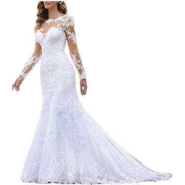 Imagem de Vestido De Noiva De Manga Longa Com Apliques De Renda Vestido De Noiva Civil, Branco, Ivory, 40
