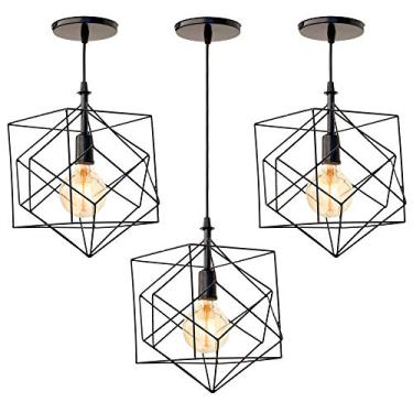 Imagem de Combo Kit com 3 Pendentes Cubic Aramado Preto Lustre 32Cm Luminária Sala