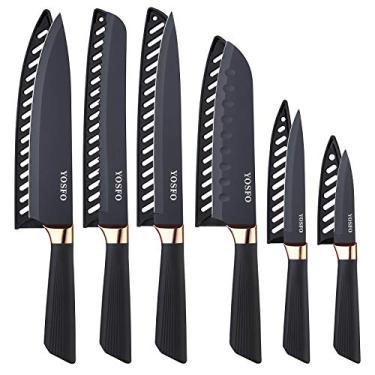 Imagem de Conjunto de facas de cozinha com tubo, 6 facas de cozinheiro de aço inoxidável, inclui faca de cozinheiro de 20 cm, faca de pão de 20 cm, faca Santoku de 18 cm, faca utilitária de 12 cm, faca de entalhe de 8 cm, preta