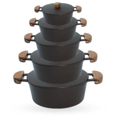 Imagem de Jogo de Panelas 5 Peças De Alumínio Fundido Com Alça De Madeira e Tamp