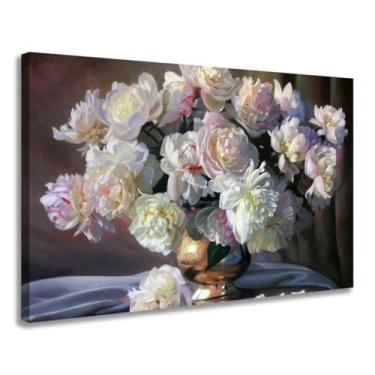 Imagem de quadro pintura flores decoração vazo de rosas brancas lindo decoração luxo quadro grande 90x60 chassi de madeira tecido policanva