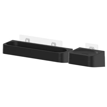 Imagem de Prateleira Para Banheiro Box Organizadora Cosméticos + Saboneteira Individual de Parede Instalação Adesiva Com Gancho Inferior Para Pendurar Resistente - OU (Preto)