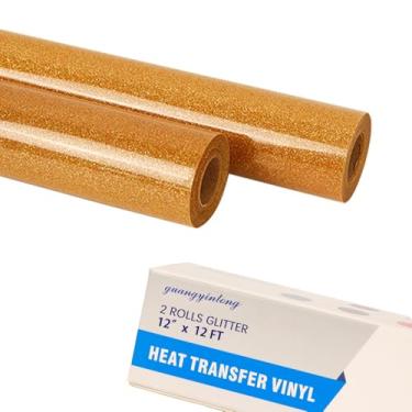 Imagem de guangyintong Rolos de vinil HTV de transferência de calor dourado com glitter, 2 rolos de 30,5 cm x 3,7 m, ferro em vinil, para camisetas, glitter dourado, vinil HTV para todas as máquinas de cortar
