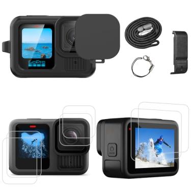 Imagem de PWireless Capa de silicone para Go Pro Hero 13 preta, kit de acessórios de capa lateral de bateria e tampa de proteção de lente e um conjunto de protetores de tela e cordão para Go Pro Hero 13 (preto)