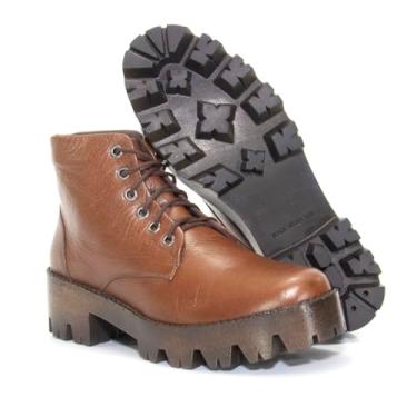 Imagem de Bota Coturno em Couro Marrom, Solado Tratorado, Cadarço, Estilo Militar (Marrom, BR, Adulto, Numérico, 35)