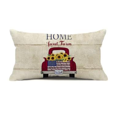 Imagem de Faromily Capa de almofada patriótica vintage caminhão vermelho com girassol 30 x 50 cm decoração rústica casa de fazenda dia da independência bandeira americana capa de almofada (caminhão de girassol)