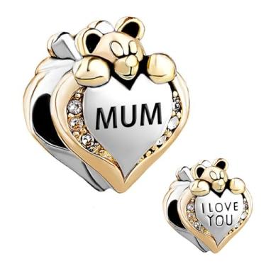 Imagem de MiiFort Berloque de dois tons "I Love You" fofo com contas de coração de urso compatível com pulseiras Pandora para mulheres, família, mãe, pai, filha, One Size, Cobre, Sem Pedra Preciosa