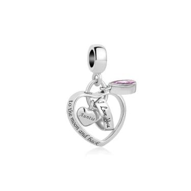 Imagem de MiiFort Auntie pingente de coração de amor entrelaçado para pulseiras Pandora Charms com pedra de nascimento rosa zircônia cúbica família sobrinha aniversário