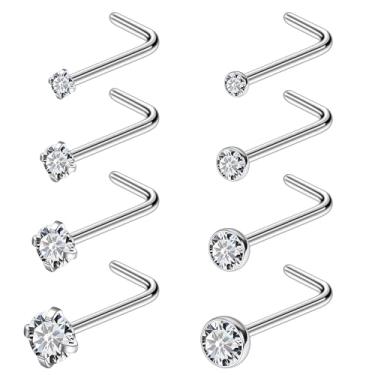 Imagem de Ruifan Anéis de nariz de titânio sólido 18G com zircônia cúbica transparente anel em forma de L hipoalergênico piercing corporal de narina joia para mulheres 1,5 mm 2 mm 2,5 mm 3 mm 8 peças