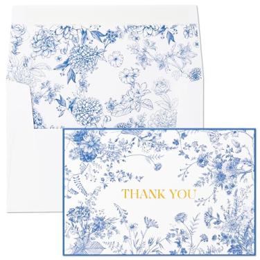 Imagem de Crisky Pacote com 100 cartões de agradecimento florais azuis com folhas douradas em massa com envelopes e adesivos para aniversário, chá de bebê, chá de panela, casamento, formatura