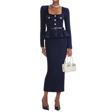 Imagem de Vestido Maxi Bodycon Tsukko Blue Ruffle Tweed de manga comprida