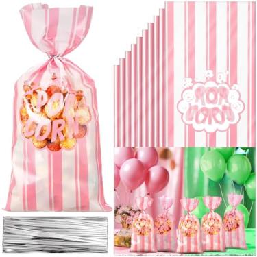 Imagem de Ninehaoou 200 unidades de sacos de pipoca de Halloween a granel de filmes noturnos, sacos de plástico para pipoca, recipientes de lanche de milho com laços torcidos para festa de carnaval de Halloween