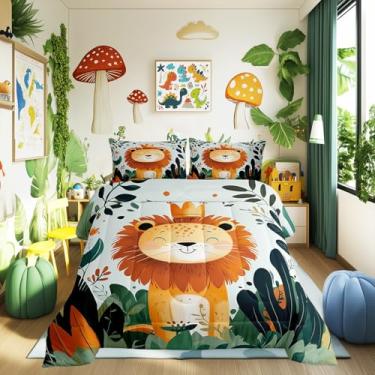 Imagem de Conjunto de edredom com desenho animado de leão, aquarela, desenho à mão, animal leão, africano, todas as estações, natureza, tropical, folhas, 2 peças