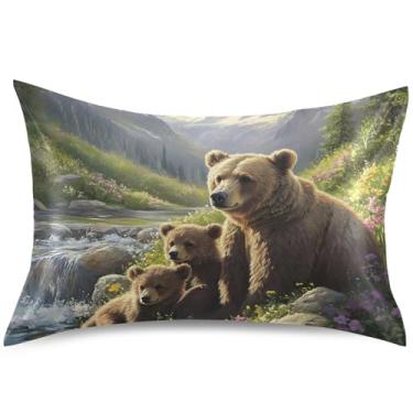 Imagem de Lindas capas de almofada de cetim com pintura de urso paisagem padrão king queen fronha fofa refrescante fronha de cama macia, tamanho Queen, 76 cm x 50 cm