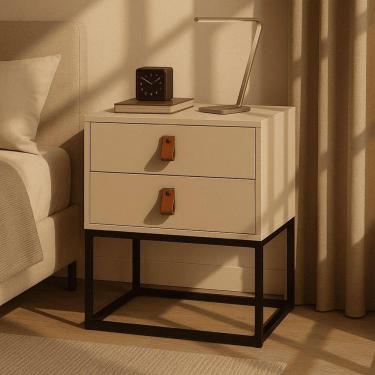 Imagem de Mesa De Cabeceira Unic 45 Moderna 2 Gavetas Puxador De Couro
