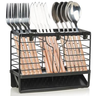 Imagem de Suporte de utensílios, escorredor de utensílios de aço inoxidável com 3 compartimentos e bandeja de drenagem automática para balcão de cozinha, garfos, facas, colheres, organizador de pauzinhos