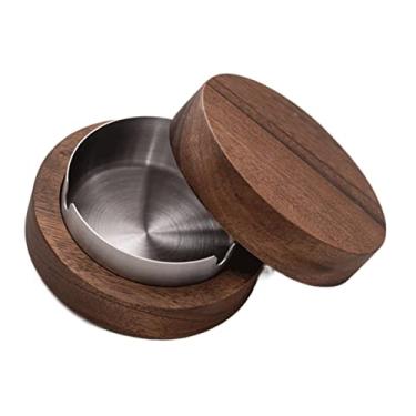 Imagem de LICONG-2019 Cinzeiro para fumantes, cinzeiro de nogueira, cinzeiro de madeira simples com capa para evitar que as cinzas voem é naturalmente redondo sem decoração cinzeiros de mesa (prata)