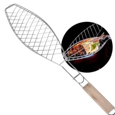 Imagem de Grelha Dupla Churrasco Assar Peixe com Cabo de Madeira Premium Malha de Arame 31x25cm