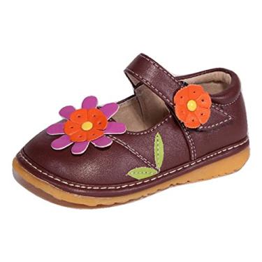 Imagem de Little Mae's Boutique Sapatos Mary Jane Brancos, Pretos, Marrom, Rosa ou Roxo Squeaky para Meninas Crianças, Tênis de Caminhada Ideal para Bebês, Tênis Removível, Brown/Orange Flower, 9 Toddler