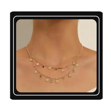 Imagem de DIONFEI Colar requintado de flor de girassol de camada dupla - corrente de ouro com margaridas e pingente de cristal colorido - presente de joias femininas