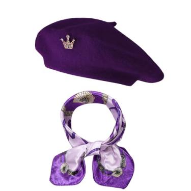 Imagem de choyaxo Conjunto de 3 acessórios de boina francesa, incluindo boina, cachecol, coroa para mulheres, festa temática francesa, Roxa, Standard