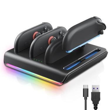 Imagem de Joycon Base de carregamento para Switch 2, interruptor 4 em 1, 2 joycon, base de carregamento com 8 modos de iluminação RGB, indicadores LED, carregamento magnético rápido de 5V/2A, proteção de