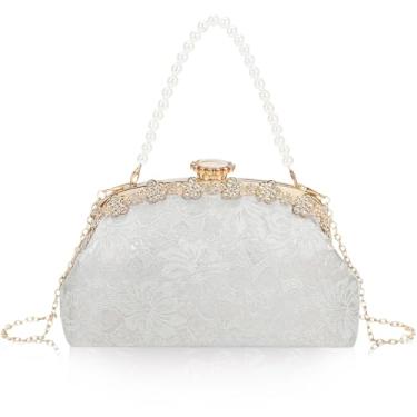 Imagem de Bolsa clutch feminina de renda formal para noite com strass para casamento, festa de formatura, bolsa de ombro transversal, Prata, One Size