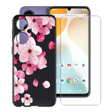 Imagem de YQINHHME Capa de telefone amortecedora de TPU macia preta para BLU G64 (6,8 polegadas) com 1 x protetor de tela de vidro temperado, capa fina de silicone à prova de choque para BLU G64 - flor de