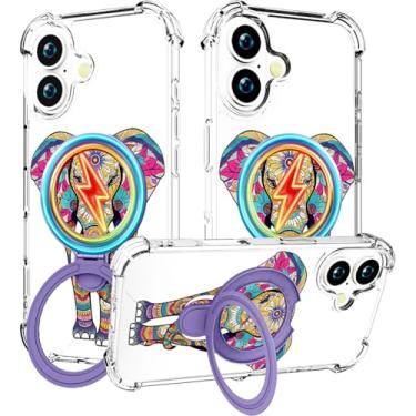 Imagem de CCFUNCASE Capa para iPhone 16 [compatível com MagSafe] suporte transparente bonito para mulheres, suporte magnético seguro para mag resistente e resistente Funda (rosa elefante floral)