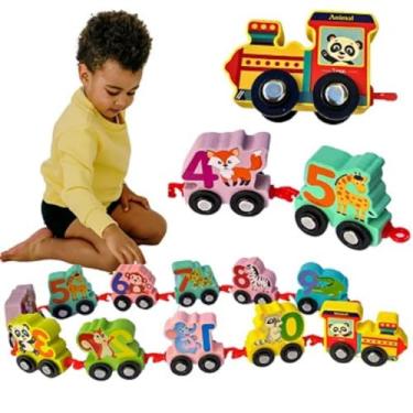 Imagem de Trem Educativo Montessori, 11 Peças, Números e Animais, Brinquedo Didático para Crianças +3 Anos