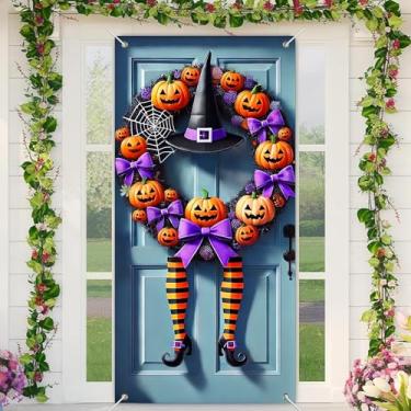 Imagem de BlissYard Faixa de porta de abóbora de bruxa de Halloween para decorações de varanda da frente 89 x 189 centímetros doces ou travessuras ao ar livre sinal de boas-vindas guirlanda para decoração de