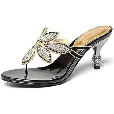 Imagem de Chinelos De Tanga Feminino Sandálias De Salto Alto Confortáveis, Chinelos De Praia De Verão Chinelos Antiderrapantes Para Piscina Bohemia Strass Sandálias De Couro Ultraleve, Black, 38 EU