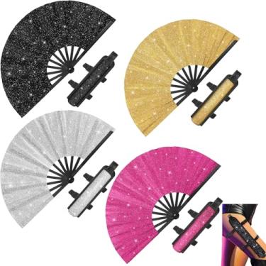 Imagem de Weysat 4 conjuntos de ventiladores grandes dobráveis para botas dançantes no chão, ventiladores com coldre de ventilador para mulheres, homens, ventilador de glitter com alça de perna e bolsa de