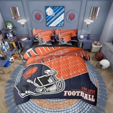 Imagem de Erosebridal Jogo de edredom solteiro com 7 peças, para fãs de futebol americano, para crianças, meninas, meninos, jogos, rúgbi, laranja, azul marinho (Chicago)