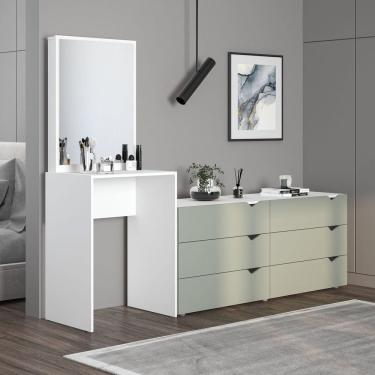 Imagem de Cômoda Penteadeira 6 Gavetas com Espelho Porto Verde/Branco