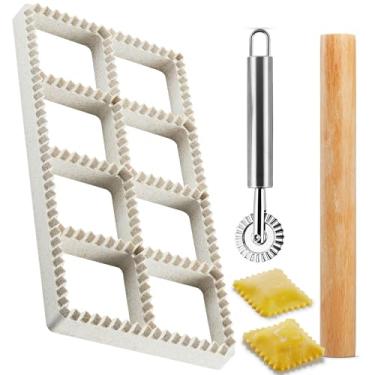 Imagem de MUMSUNG Conjunto de moldes de prensa de ravióli, prensa de ravioli – Cortador de carimbos quadrados de ravioli com rolo de madeira e roda de ravióli, ferramentas para fazer macarrão com carimbo de