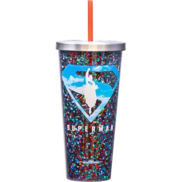 Imagem de Spoontiques Copo com glitter Superman Legacy – Copo de acrílico com 590 ml com canudo – Tampa de bloqueio de aço inoxidável – Isolamento de parede dupla e livre de BPA