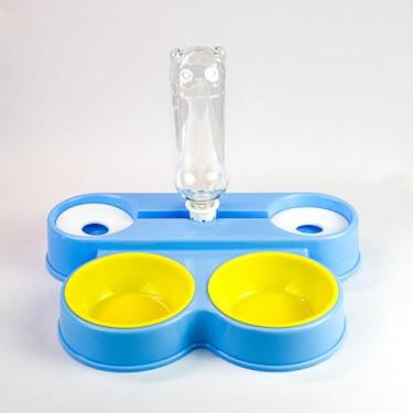 Imagem de Bebedouro Comedouro Duplo Pet Para Cães e Gatos Automático 500ml Capacidade Multifuncional (Azul, Grande)