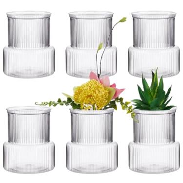 Imagem de Ninehaoou Pacote com 6 vasos de flores canelados, vasos florais de plástico transparente modernos para centros de mesa de casamento, suporte para buquê de plantas de flores, 12 cm