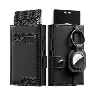 Imagem de VULKIT Carteira Airtag com chaveiro masculina pop-up para cartão de crédito com suporte para etiqueta de ar, janela para identidade, bloqueio RFID, Couro bovino de grão superior preto, Minimalista