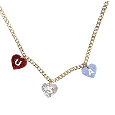 Imagem de NOVYRA Colar de 4 de julho para mulheres, colar de estrela patriótica, fofo, acrílico, vermelho, branco, azul, bandeira dos EUA, colar com pingente de coração, acessório exclusivo para o Dia da