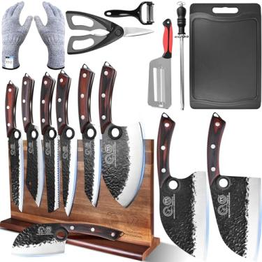 Imagem de XYJ Conjunto de blocos de facas, conjunto profissional de facas de cozinha com bloco de facas magnético, tábua de corte, aço de afiar, lâminas forjadas de aço de alto carbono, faca de chef, cutelo