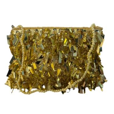 Imagem de Bolsa Feminina Clutch Contas Brilhosas Festa Balada Noite (Dourado, Pequeno)