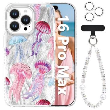 Imagem de Tcaraersing Capa com glitter para iPhone 16 Pro Max com alça de pulso e capa de lente, linda água-viva desenho costeiro praia verão azul oceano capa de telefone estética para meninas e mulheres