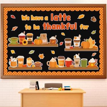 Imagem de Containlol Conjunto de quadro de avisos com leite de ação de graças, café, decoração de sala de aula, outono, abóboras, xícaras de café, recortes para decoração de parede de porta, decoração de parede