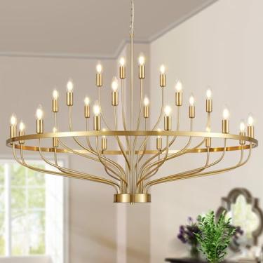 Imagem de Widluth Lustre de ouro grande moderno de 120 cm vintage 24 luzes estilo vela moderna de meados do século lustre luminária vintage rústico dourado para sala de jantar, cozinha, sala de estar, E12