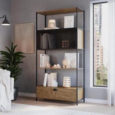 Imagem de Estante para Livros Industrial Retrô Alta 2 Portas 1 Gaveta Madeira/Aç