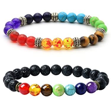 Imagem de HEDQFM 2 peças, pulseira de pedra vulcânica, 7 chakras, aromaterapia, difusor de óleos essenciais, contas de ioga, pulseira elástica de pedra vulcânica para homens e mulheres, 7 inches, Pedra